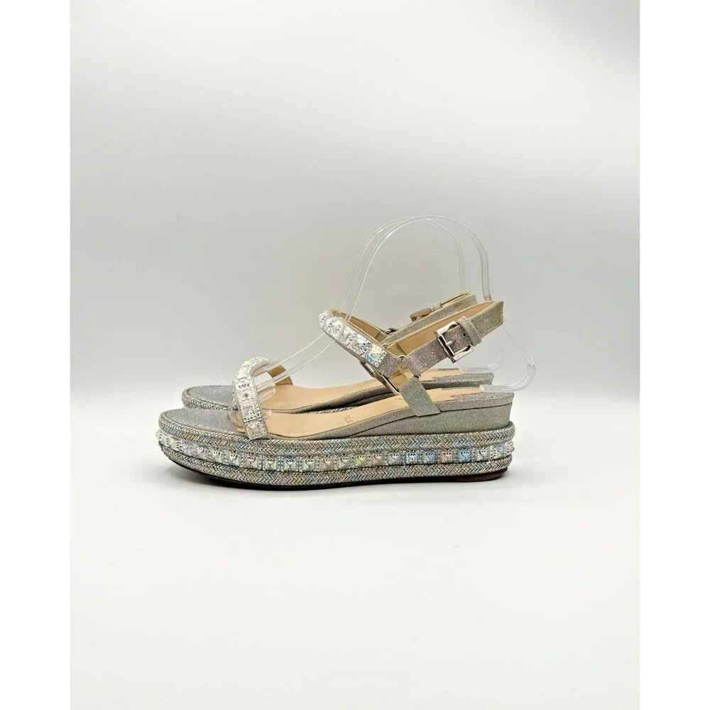 Christian Louboutin Cataclou 60 Silver Glitter Platform Sandals Wedges Sz EU 37